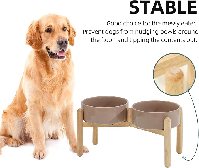 Havniva Ceramic 8.2inch Raised Dog Bowl with Stand for Large- Breed Dogs, Pet Food and Water Feeder (Double Bowl with Stand - Brown Coffee)