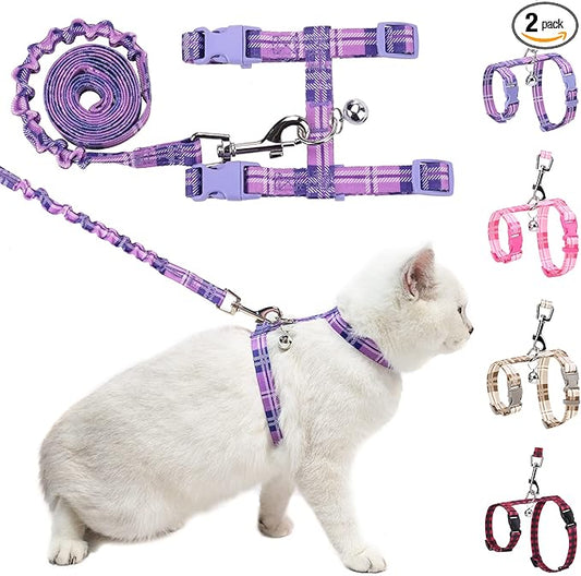 BEAUTYZOO Cat Harness and Leash Set Escape Proof for Walking, Kitten Soft Adjustable Vest Harnesses for Small Medium Large Cats, Easy Control Breathable Plaid Ribbon Nylon for Outdoor Indoor Use