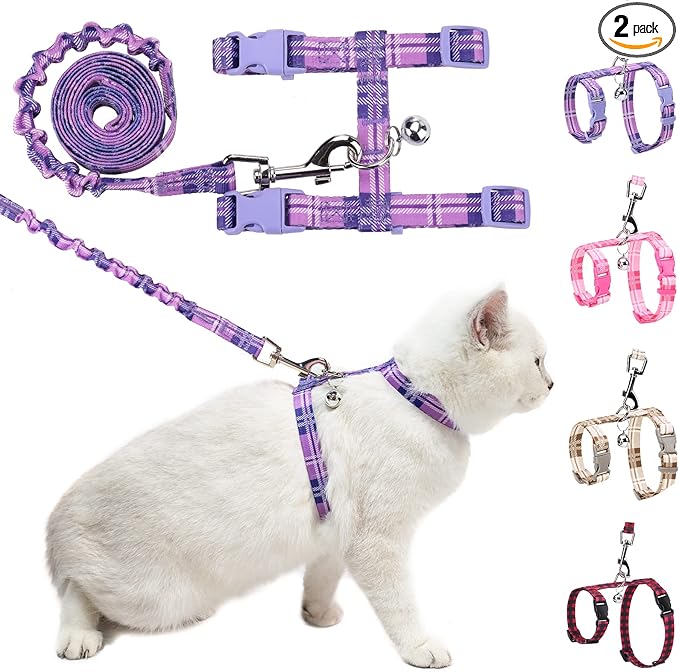 BEAUTYZOO Cat Harness and Leash Set Escape Proof for Walking, Kitten Soft Adjustable Vest Harnesses for Small Medium Large Cats, Easy Control Breathable Plaid Ribbon Nylon for Outdoor Indoor Use