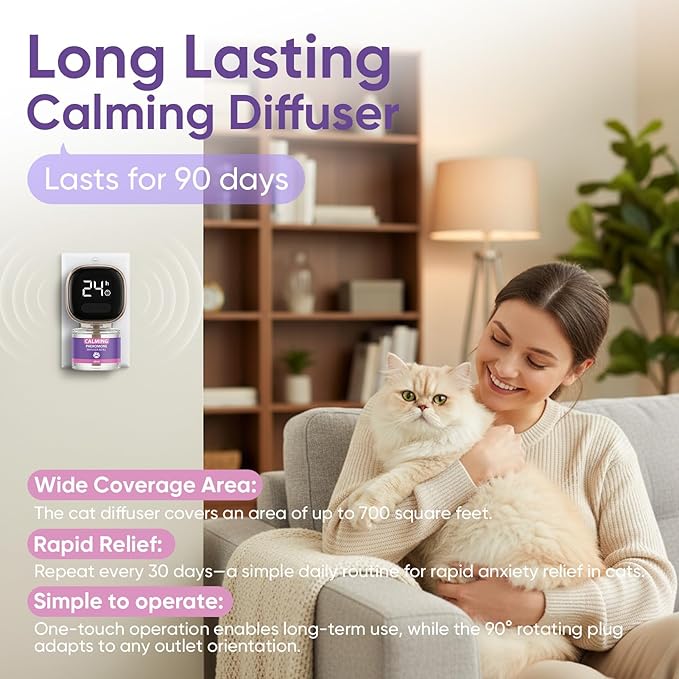 Cat Calming Diffuser Kit with Timer And Memory Adjustable 4/8/12/24H Cat Pheromone Diffuser 3-Pack (48ml Each) Helps Reduce Stress, Spraying, Fighting, Excessive Meowing & Scratching Fits All Cats