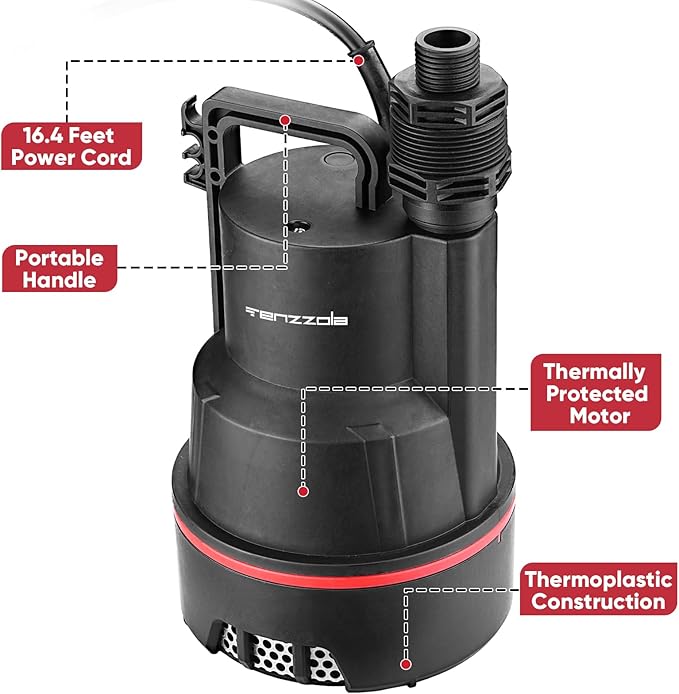Sump Pump Submersible Utility Water Pump Thermoplastic Portable Electric Water Removal Transfer Pump with 16.4FT Cord for Swimming Pool Basement Garden Pond Tubs Draining, 1/4 HP
