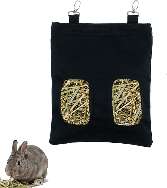 Rabbit Hay Feeder Bag Hanging Guinea Pig Hay Feeder with 2 Holes for Chinchilla Hamster Bunny Small Animal Pet Storage Pouch Black