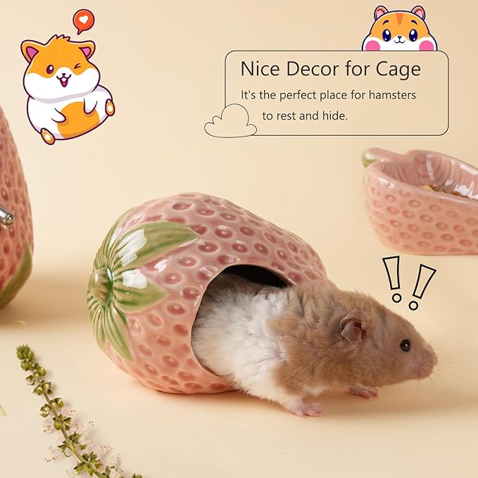 Ceramic Hamster Hideout,Strawberry Dwarf Hamster House,Guinea Pig Habitat Decor, Hideaway House for Gerbil, Cool Bed for All Season(Pink)