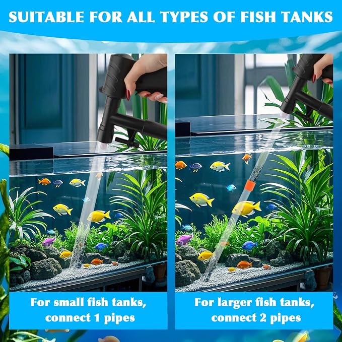 Aquarium Gravel Cleaner, Fish Tank Cleaner Kit, Aquarium Manual Press Noiseless Water Changer, Including Net,Thermometers & Cleaning Accessories for Fish Tank Maintenance