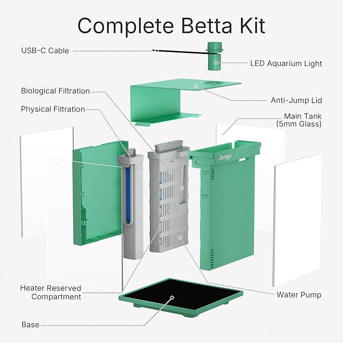 2.1 Gal Betta Fish Tank, Ultra Clear Glass Desktop Aquarium Starter Kit | Hidden Back Filter, Quiet Pump, LED Light, All-in-One Nano Aquarium for Desk, Green
