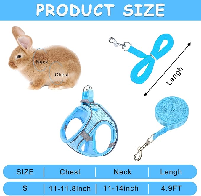 PETKNOWS 2 Pack Rabbit Harness and Leash Set, Double Buckle Bunnies Harness with Reflective Strips Soft Breathable Mesh Vest Harness for Rabbits Walks Accessories(Blue and Black)