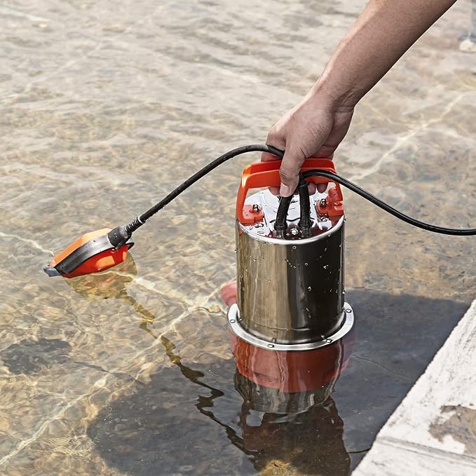 Prostormer 1HP 3700GPH Clean/Dirty Stainless Steel Submersible Sump Pump | Water Pump with Float Switch, Fresh/Mains/Pool Water, Orange