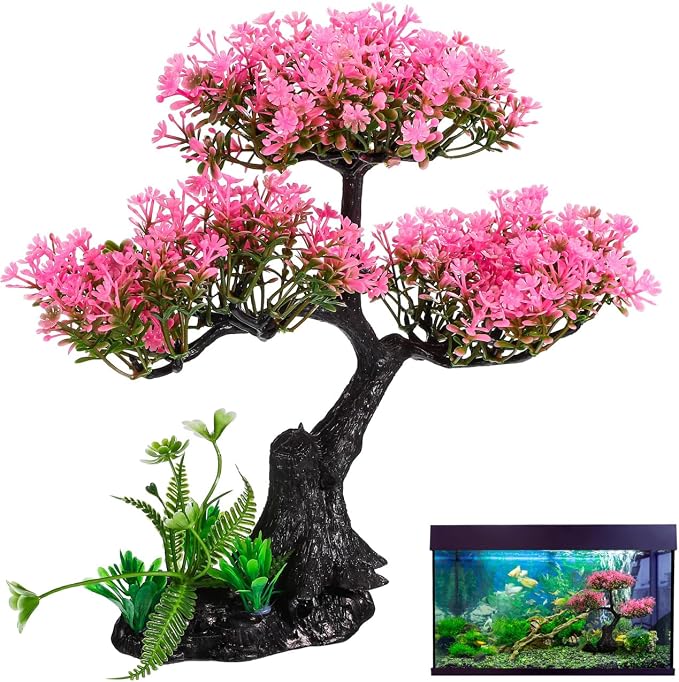Didiseaon Aquarium Decor Artificial Plants Tree Set 11.4 Inch Pink | Plastic Plants for 10-55 Gallon Fish Tank Decoration Cherry Blossom Tree Fish Tank Decor Betta Fish Bowl Home Office Decor