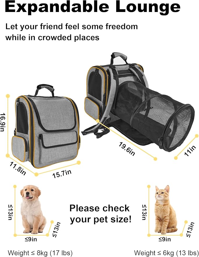 Expandable Cat Carriers for Cats and Small Dogs,Travel Bag with Breathable Mesh Windows, Anti-Escape Leash, Soft Cushion and Lightweight Design,Gray Orange