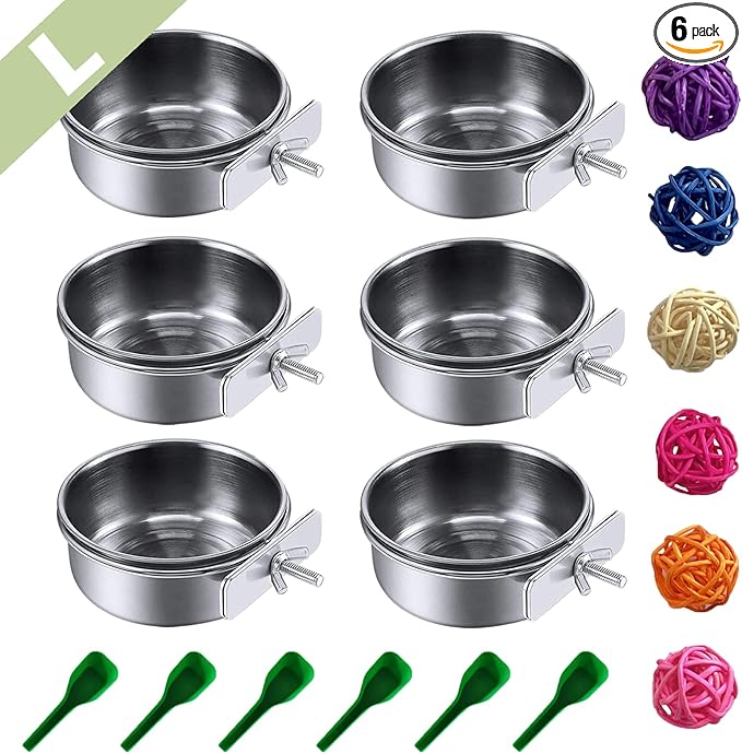 PINVNBY 6 Pieces Stainless Steel Bird Feeding Dish Cups,Parrot Feeder Parakeet Food Water Bowls with Clamp Holder & 6 Pcs Bird Spoon & 6 Pcs Birds Ball Toys for Budgies Macaw Small Animal(L)