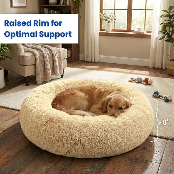 Calming Pet Bed with Water-Resistant Inner Liner – Anti-Anxiety Donut Dog & Cat Bed with Removable Washable Cover – Supportive Plush Nest, Non-Slip & Cushion Protection – Small, Beige