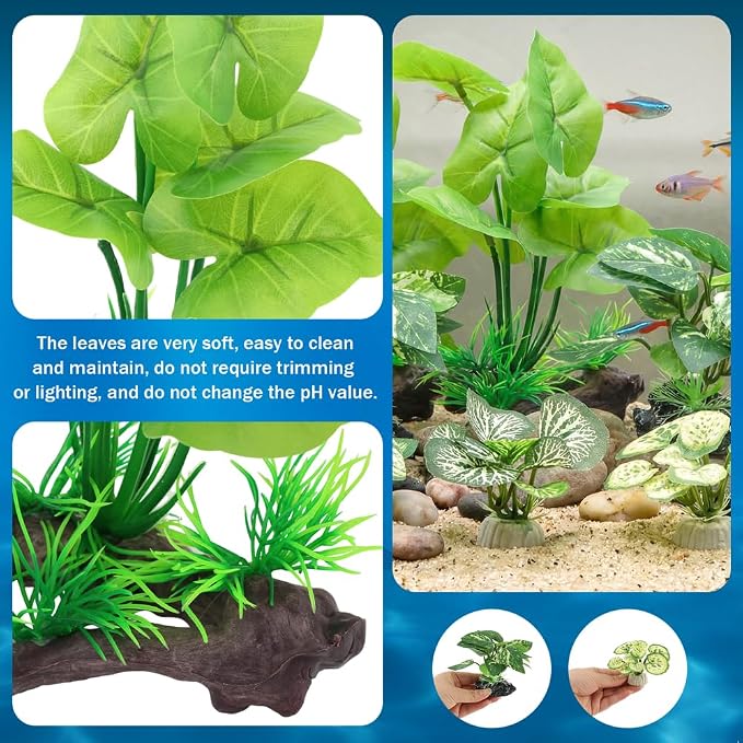 12pcs Artificial Silk Aquarium Plants Bettas Tank Accessories Green Fish Tank Plants Leaf Hammock Aquarium Decorations for Fish & Reptiles(Color:Green)