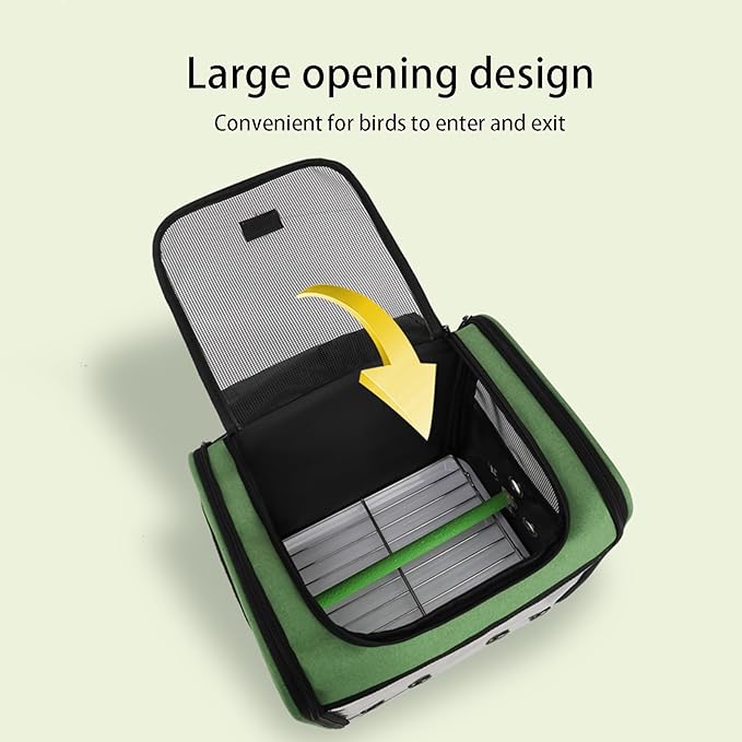 Bird Stroller Bird Backpack Carrier with Perch 14 * 11 * 16in Panoramic View with 3 Side Vents Removable Tray for Conures Parakeet Budgie (Green)