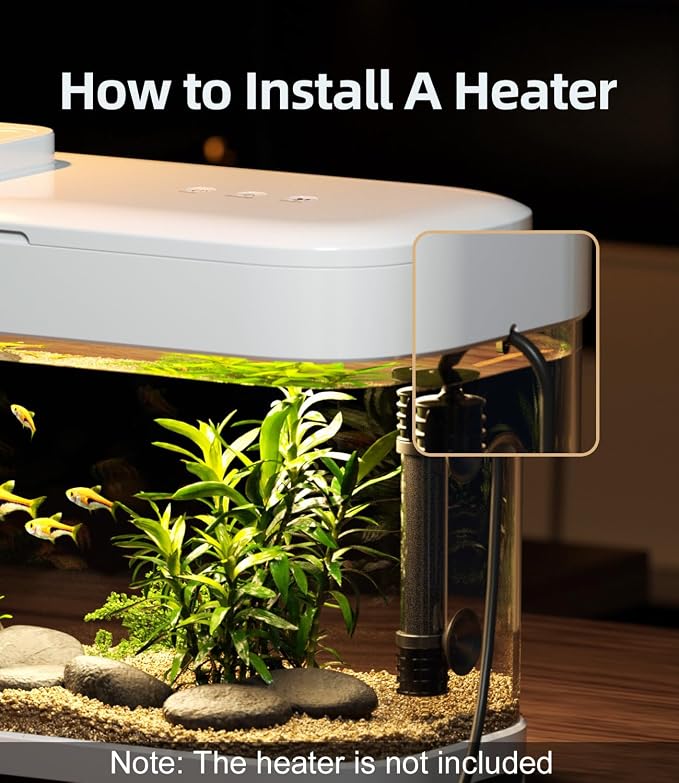 3 Gallon Fish Tank Starter Kit with Hidden Filtration Light Smart Acrylic | Temperature Monitor, 8 Color Lighting, Self-cleaning, Round Corner, Rimless, for Betta Shrimp Guppy, White, Detachable Lid
