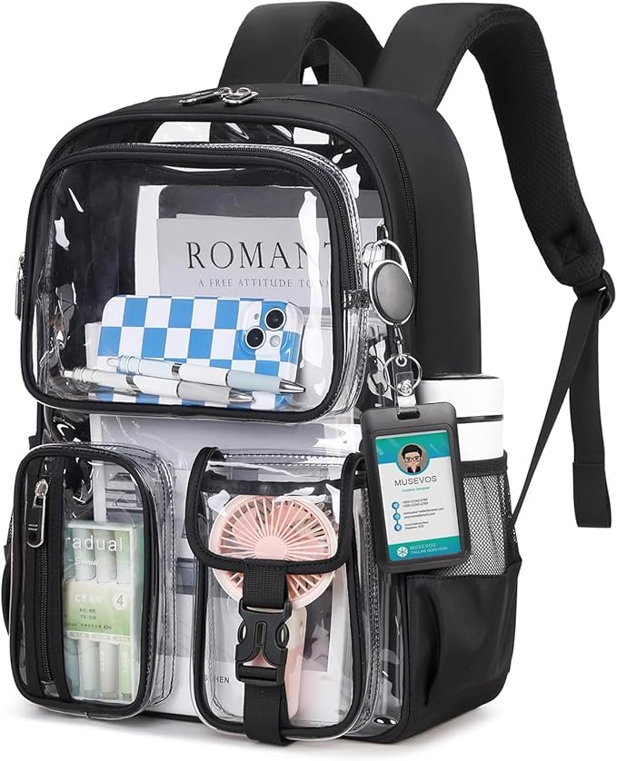 MUSEVOS Clear Backpack for School, Heavy Duty Clear Bookbag for Girls Boys Transparent Backpack with Badge Holder, Black
