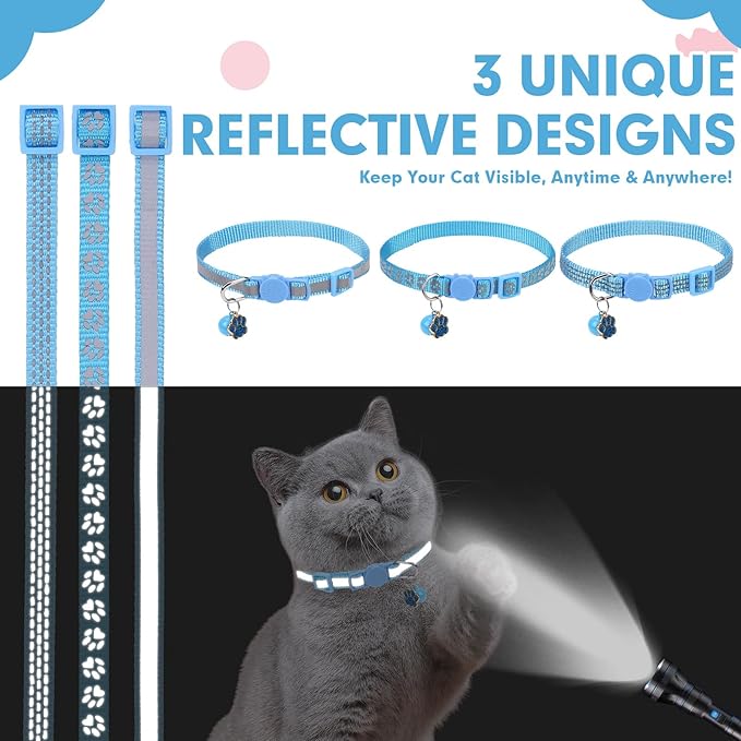 BINGPET Reflective Cat Collar Breakaway with Bells,3 Pack Kitten Collar for Girl Boy Cats with Cute Pendant Glow in The Dark,Adjustable 8''-11.8'',Blue