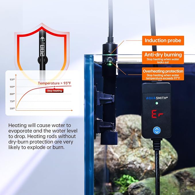 AQUASMITH 100W Aquarium Heater Precise Control Fast Heat Auto Off Anti Dry Burn 4-9Gal Tank | External LED precise temp control, fully submersible installation, explosion-proof tube for fresh & salt water