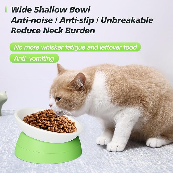 Elevated Cat Bowl, Adjustable Raised Slanted Food Bowl for Cats and Small Dogs, Wide Shallow PP Dish with TPR Non Slip Base, Whisker Friendly, 17 oz