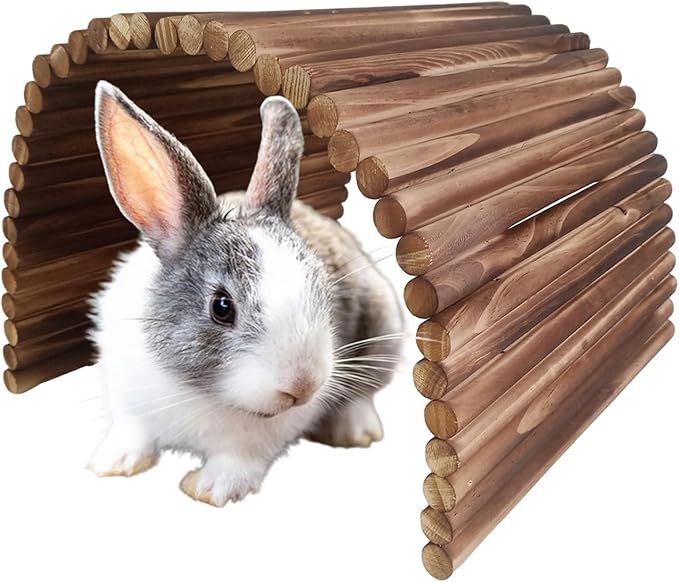 kathson Wooden Rabbit Hideout with Tunnel,Extra Large Bunny Bridge Guinea Pig Wood Ladder Flexible Hamster Ramp Small Animal Climbing Toys for Ferret Hedgehog Chinchillas and Other Rodents