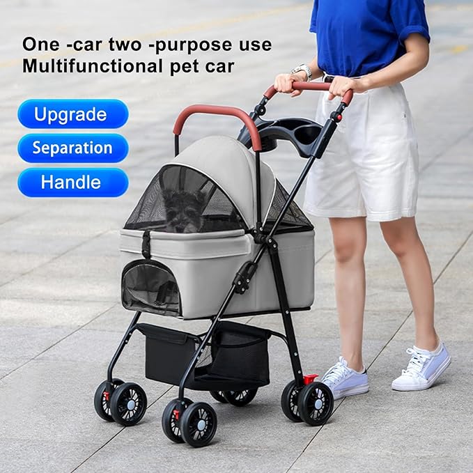 Pet Stroller for Medium Small Dogs/Cats - 4 Wheels Foldable Dog Stroller with Storage Basket,Dog/Cat Carrier,Adjustable Handle,Folding Puppy Carrier Suitable for Traveling with Cats and Dogs (Grey)