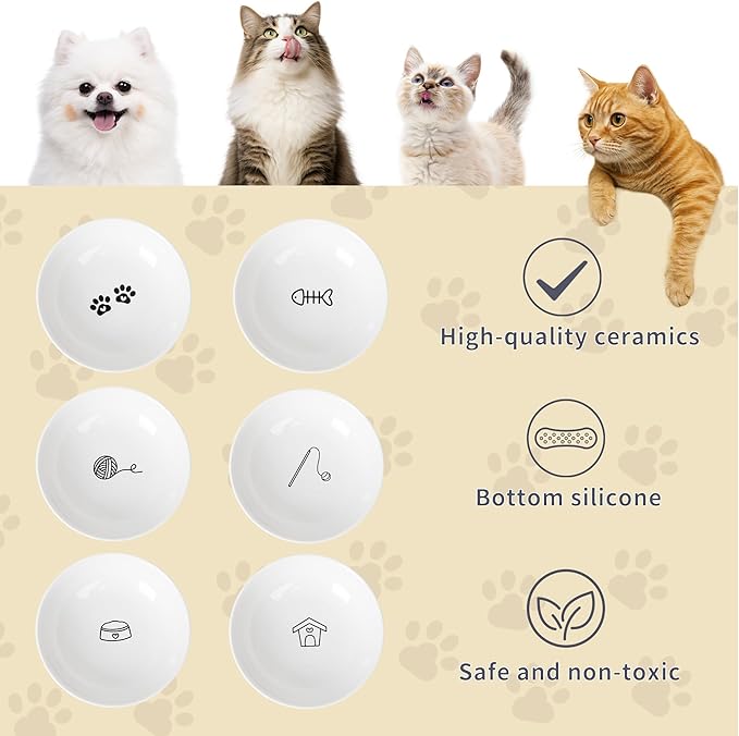 6 Pack Ceramic Cat Bowls, Shallow Cat Food Bowls Set with Non-Slip Silicone Base, Dishwasher Safe Small Pet Bowls for Cats & Kittens (Classic cat Elements)