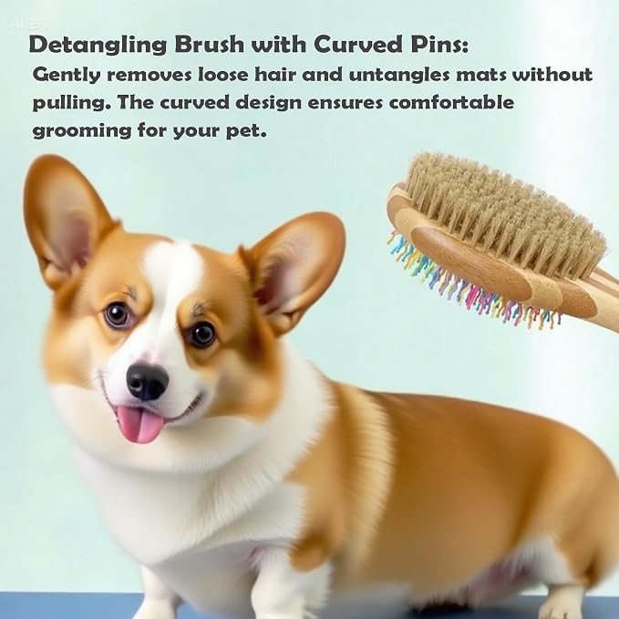 2-in-1 Double Sided Dog Brush for Shedding - Cat Brush with Real Boar Bristle & Pins, Bamboo Handle Pet Grooming Brush for Long and Short Hair, Removes Loose Fur, Tangles, Dead Undercoat and Dirt