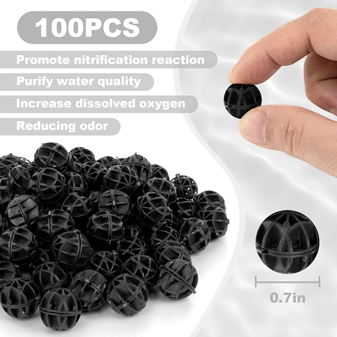 RAINFLOW 100 Pcs Aquarium Bio Balls - Black Sump Filter Media with Sponge | Biological Filtration Balls for Koi Pond Fish Tank Canister Air Pump, Pond Media for Outdoor Waterfall Filters with Mesh Bag