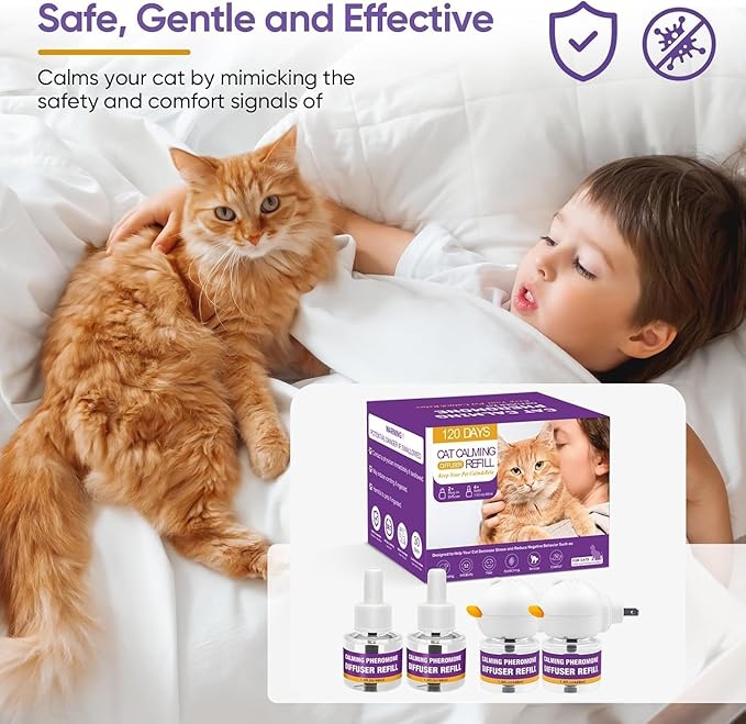 Cat Calming Pheromone Diffuser Kit, Long-Lasting Stress & Anxiety Relief, Reduces Fighting, Spraying & Scratching, Safe & Drug-Free Comfort for All Cats and Kittens 2 Plug-Ins + 4 Refills (48ml Each)