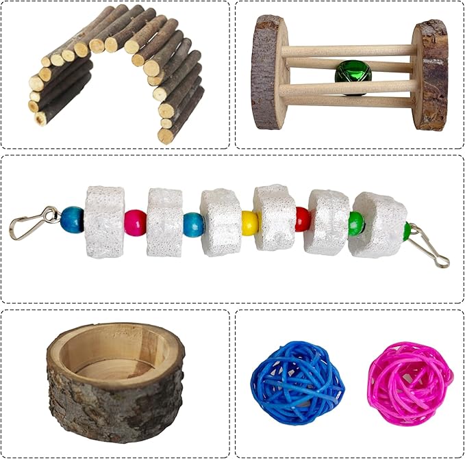 Hamiledyi Dwarf Hamster Activity Playground Mice Living Gym System Set Natural Wood Gerbil Climbing Platform Syrian Exercise Cage Accessories with Lava Stone String Chewing Toy Ladder Bridge Ramp