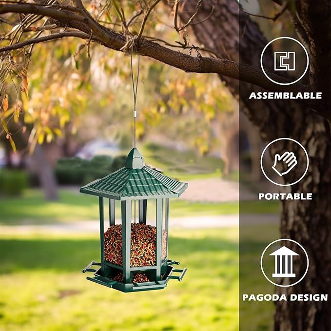 Birdream Bird Feeders for Outdoor Hanging, Pagoda Design Fun Installatio 2.5 LB Wild Bird Feeders, Attracting Wild Birds Cardinal Sparrows Finch Goldfinch Chickadee - Green
