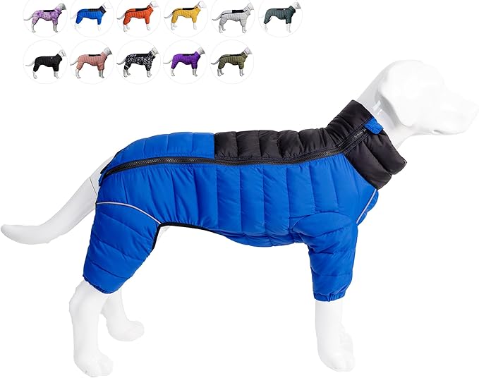 Dog Warm Jacket Coat, 4 Legs Covered, Waterproof Windproof Reflective, Zippered Adjustable Outdoor Snow Jacket for Small-Medium-Large Dogs Blue