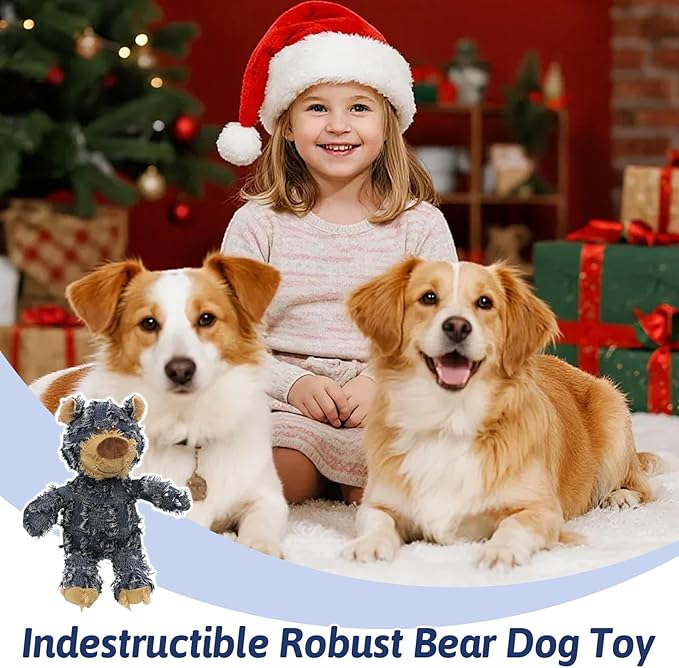 MAXBECK Dog Companion for Heavy Chewers- Indestructible Robust Bear Dog Toy, Resistant Squeaky Dog Toys for Heavy Chewers, Unbreakable Stuffed Plush Dog Toys for Aggressive Chewers (C-Navy+Oak)