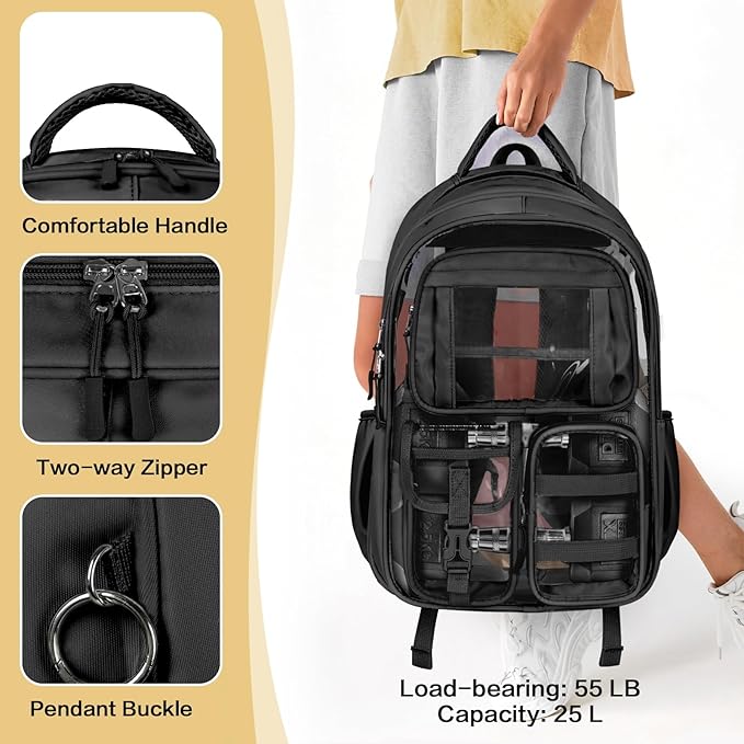 PAMANO Clear Backpack for Girls, Heavy Duty Transparent Bookbag for Kids, See Through Cute Backpacks for Elementary Primary School Work Sport Travel - Black
