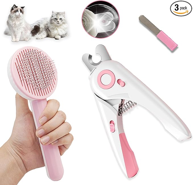 Self Cleaning Cat Brush for Shedding, LED Light Nail Clipper, Nail Clipper and Nail File, Slicker Brushes and Nail Trimmer for Long Haired Cats, Grooming Kit, Cat Lover Gifts