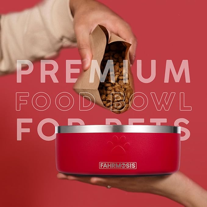 FAHRMOSIS 32 Oz Dog Bowl with Slow Feeder Insert Stainless Steel Pet Water Bowl for Medium & Large Breed Non Slip Rubber Base & Plastic Puzzle Feeder - Red