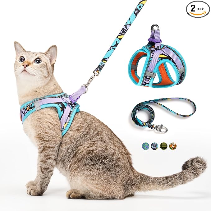 PetThem Upgraded Cat Harness and Leash Set - Step-in Escape Proof Adjustable Cat Harness, Comfortable Soft Lightweight, Reflective Harness for Walking, Travel, Camping (Butterfly Magic, XXS)