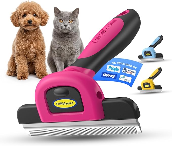 DakPets Stainless Steel Pet Deshedding Tool - Grooming Brush for Cats and Dogs, Removes Trapped Hair, Reduces Shedding by Up to 95%, All Hair Types, Includes Protective Blade Cover, Pink, 4 inches