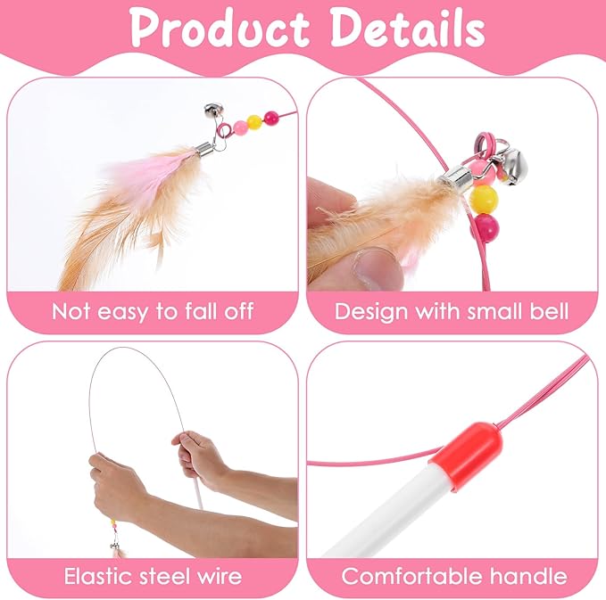 4 Pcs Cat Feather Toys, Cat Feather Wand Toy with Bell Beads Interactive Cats Toys Wand Teaser Wire Wands for Cats Chase Exercise Play