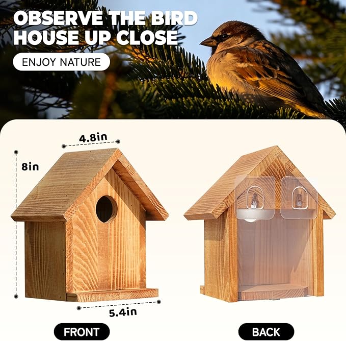 Window Bird Houses for Outside with 2 Powerful Hooks, Clear Window for Viewing Inside, Hanging Wooden Birdhouses with Weather Treated for Outdoors, Bird Nesting Box for Bluebird Finch Chickadee