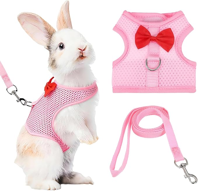 Rabbit Harness and Leash, Small Pet Cute Vest Harness Leash Soft Adjustable Buckle Breathable Mesh (S, Pink) for Bunny Kitten Small Pig Puppies Camping Hiking Training