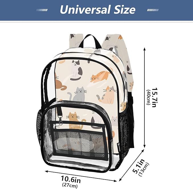 Bolaz Clear Backpack for School Cats in Different Poses Pattern Transparent Bookbag for Girls See Through PVC Boy Backpacks