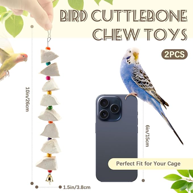 2 Pack Bird Cuttlebone Chew Toys, Cuttlefish Bone for Birds Beak Grinding Stone, Natural Calcium Supplement Cage Accessories for Parakeets, Budgies, Cockatiels, Lovebirds, Small Medium Birds