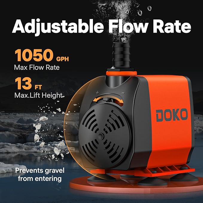 DOKO 1050GPH Submersible Water Pump, 100W Ultra Quiet Fountain Water Pump with 13ft Head Lift, 6FT Power Cord & 3 Nozzles - for Ponds, Aquariums, Waterfalls, Fish Tanks & Hydroponics