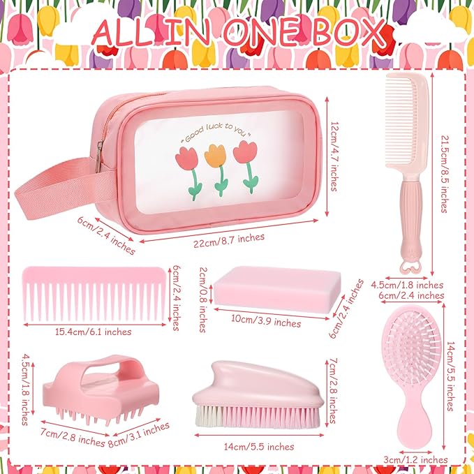 Stick Horse Grooming Kit - 7-in-1 Set with Storage Bag, Brushes, Combs & High-Density Sponge for Plush & Long Mane Care - Pink Nordic Style