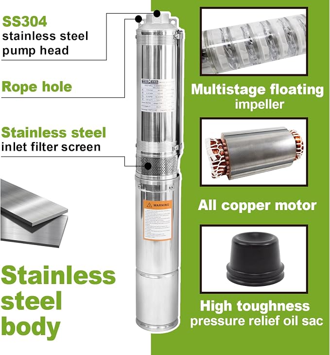 4" Deep Well Pump Submersible Well Pump with 10FT Cable,1/2HP,115V/60Hz,28GPM,179FT Head,Stainless Steel Submersible Borehole Well Water Pump for Home Farmland Irrigation and Factories