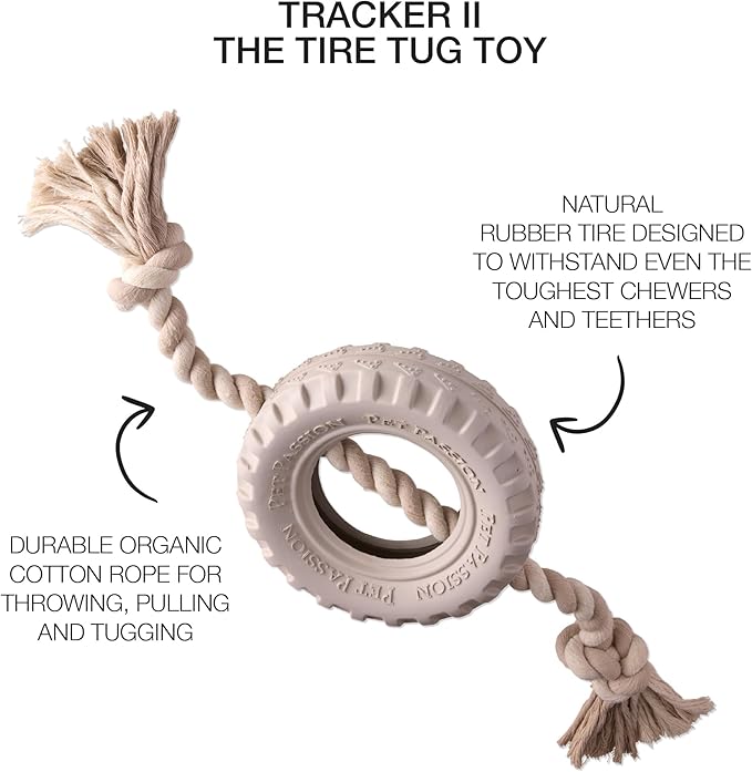 Pet Passion Natural Rubber Tire and Organic Cotton Rope Pull and Chew Dog Toy for All Pet Breeds, Almond Milk, Small