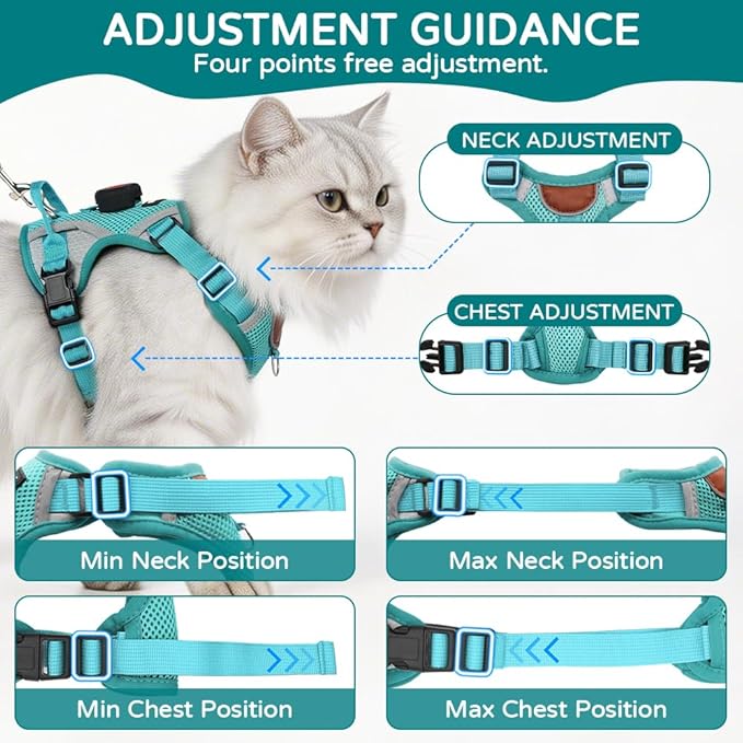 Large Cat Harness and Leash Set with Tracker Holder, Upgraded Escape Proof Vest for Extra Large Cats Small Dogs Puppy, Reflective Adjustable Breathable Mesh Walking Jacket, Green, XL