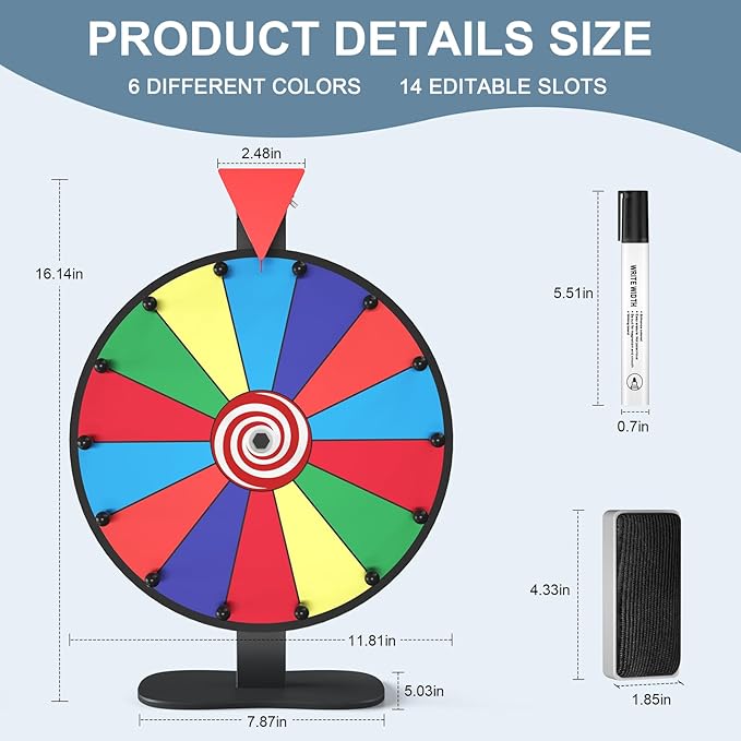 12 Inch Prize Wheel, 14 Slots Spinning Wheel for Prizes, Heavy Duty Base Spinner for Explosive Classroom, Birthday Moments, Parties