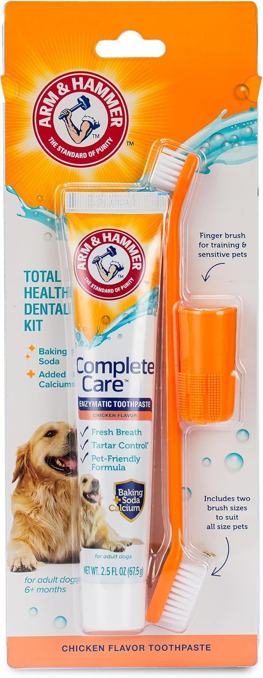 Arm & Hammer Complete Care Dog Dental Kit with Enzymatic Dog Toothpaste, Toothbrush and Finger Brush, Baking Soda and Calcium Formula for Plaque Tartar Control, Chicken Flavor, 2.5 Oz
