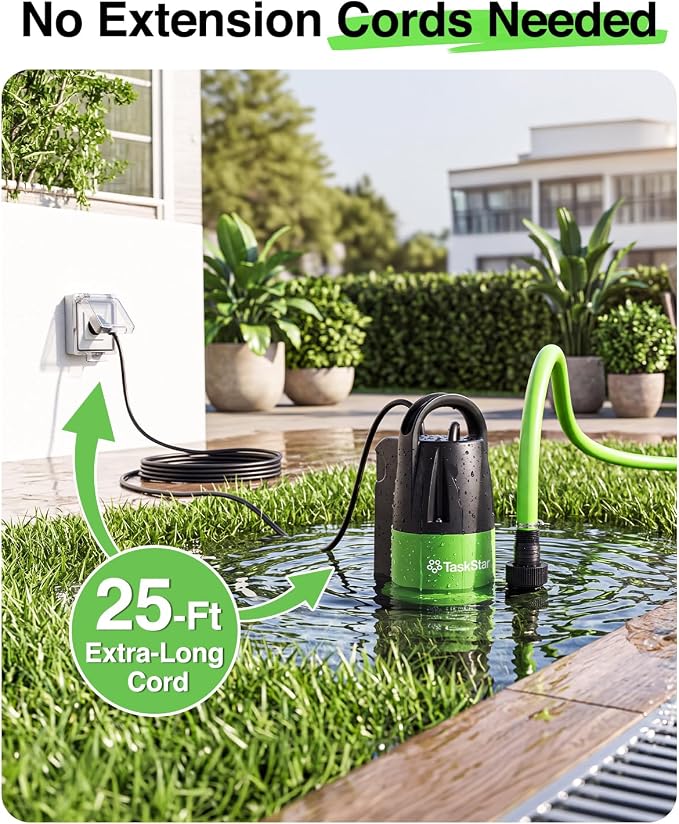 Taskstar 1 HP 4000GPH Automatic Submersible Water Pump for Pool Draining | Built-in Float Switch, Auto/Manual Modes, 25FT Cord Sump Pump for Swimming Pool, Flooded Basement, Hot Tub, Garden Pond
